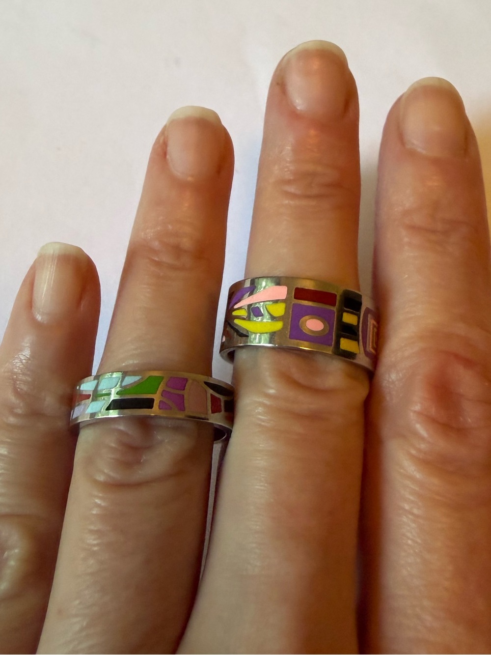 Colorful Geometric Enamel Silver tone ring. Approximately size 9.
